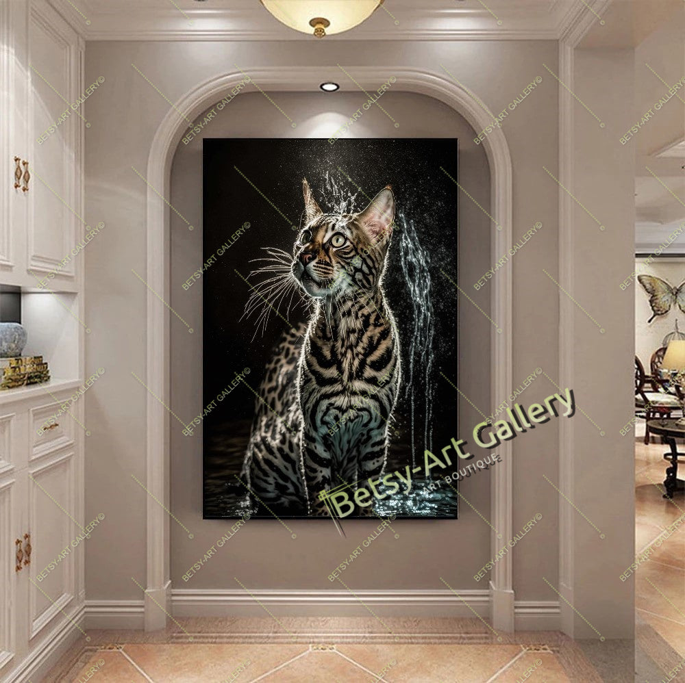Jungle Green Cat Canvas Print, Tropical Cat Wall Art
