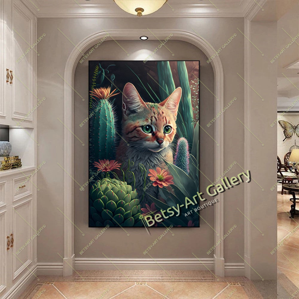 Jungle Green Cat Canvas Print, Tropical Cat Wall Art