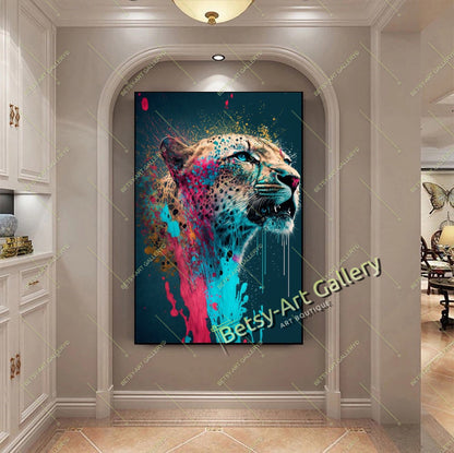 Jungle Green Cat Canvas Print, Tropical Cat Wall Art