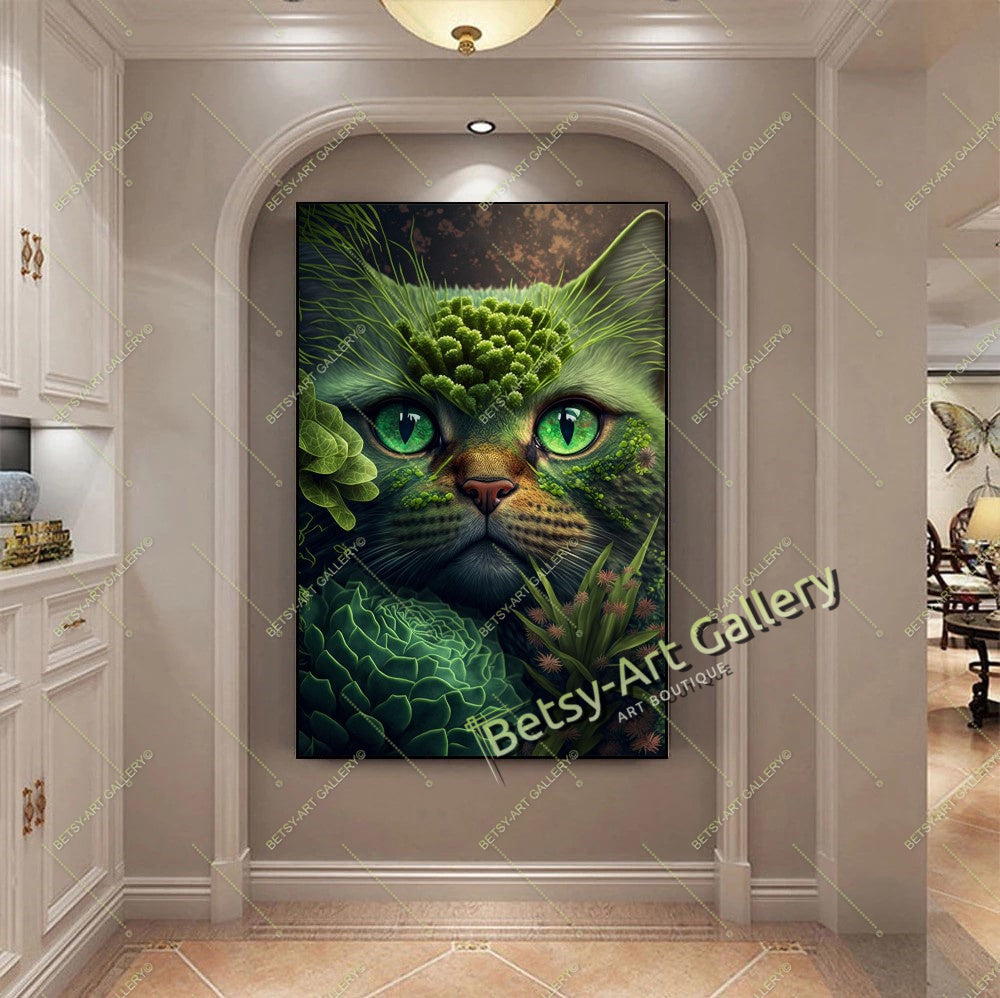 Jungle Green Cat Canvas Print, Tropical Cat Wall Art
