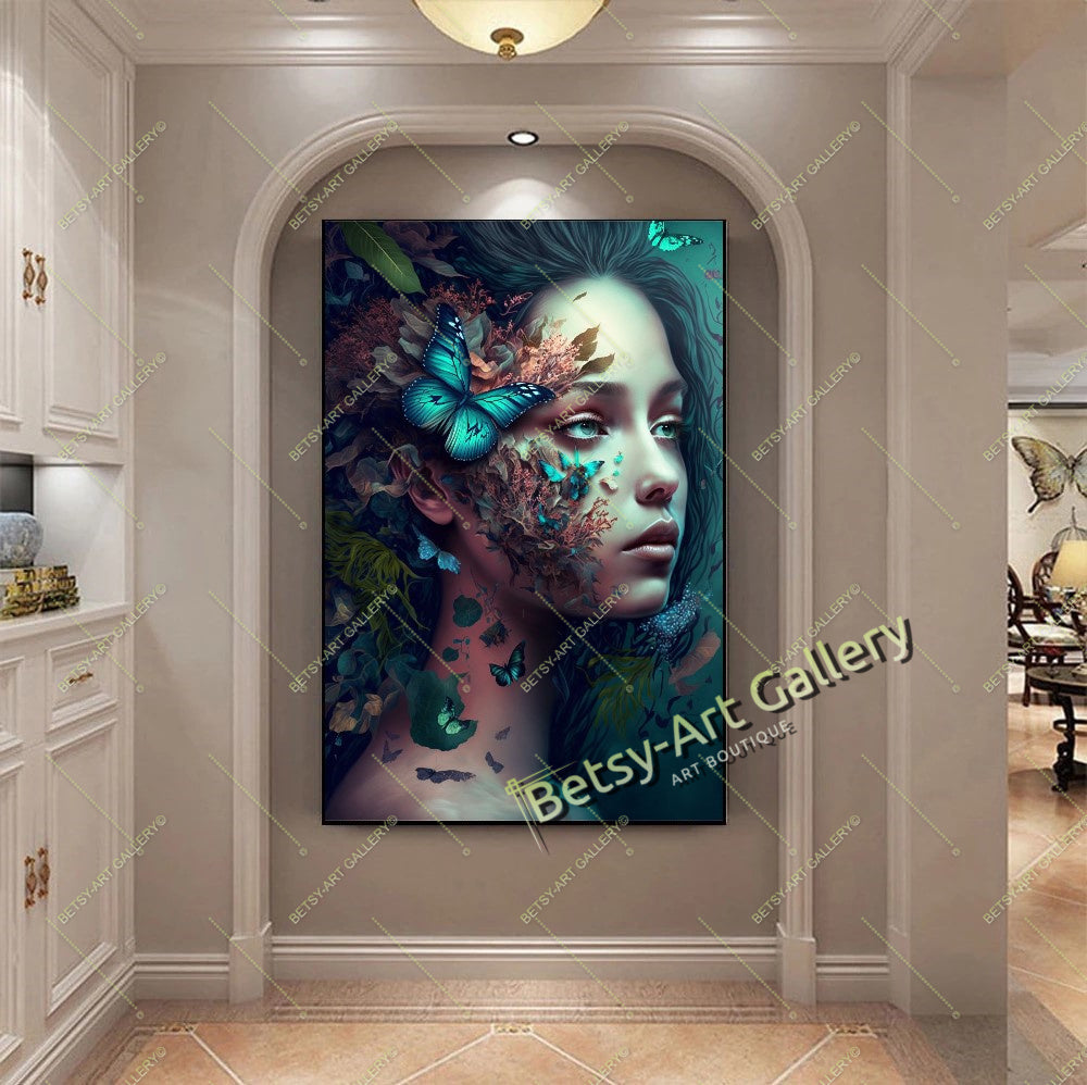 Jungle Woman Butterfly Canvas Print, Fantasy Exotic Decor