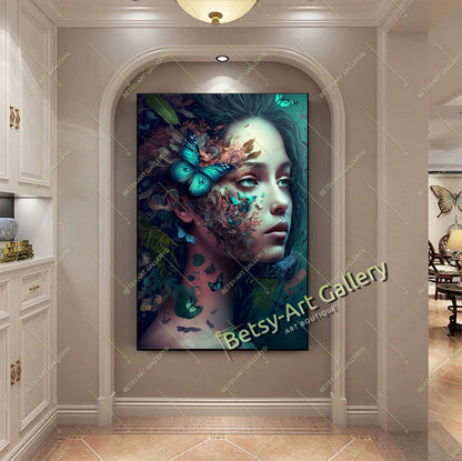 Jungle Woman Butterfly Canvas Print, Fantasy Exotic Decor