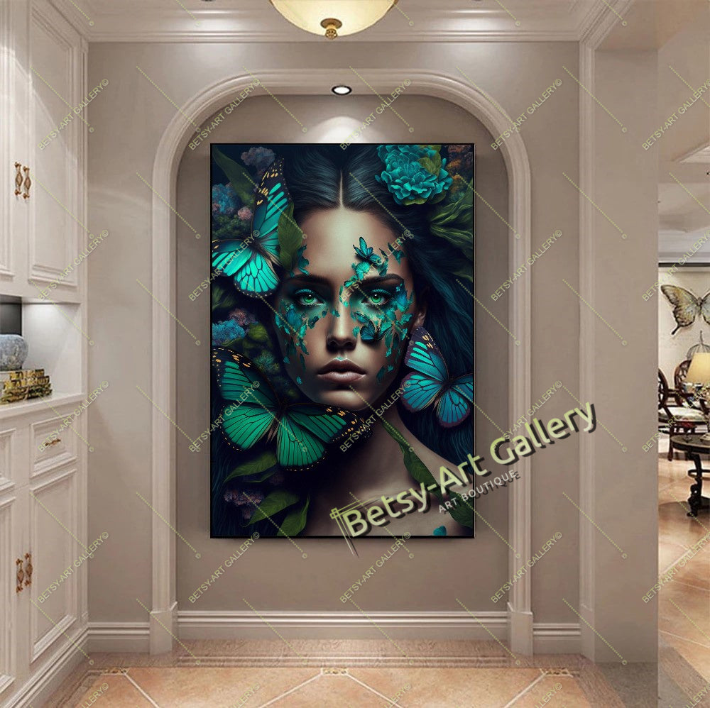 Jungle Woman Butterfly Canvas Print, Fantasy Exotic Decor
