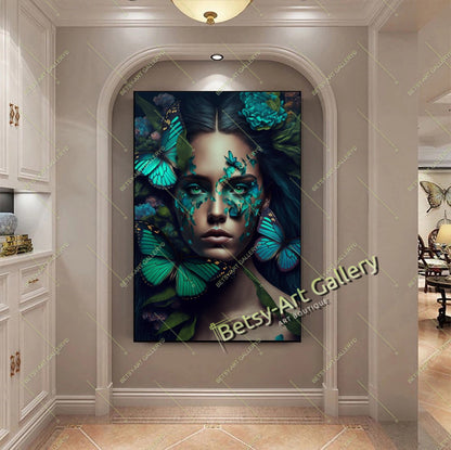 Jungle Woman Butterfly Canvas Print, Fantasy Exotic Decor