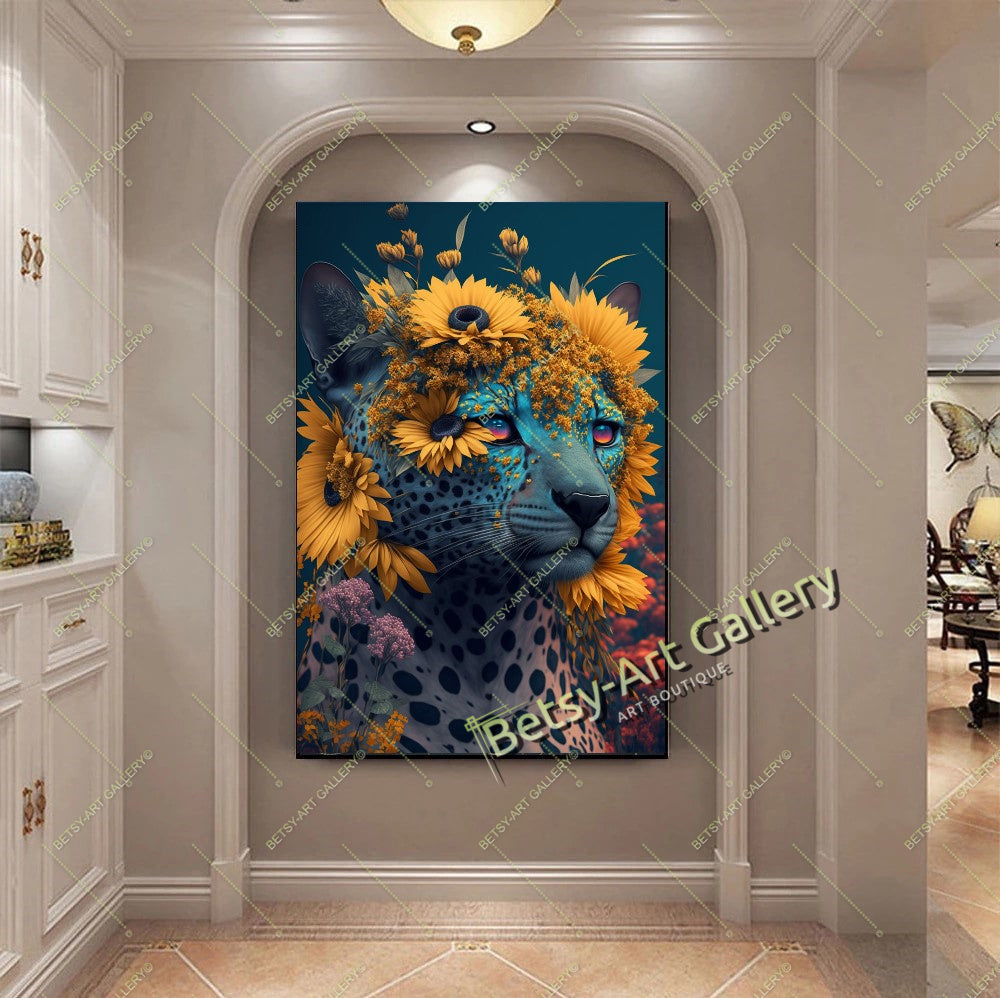 Jungle Green Cat Canvas Print, Tropical Cat Wall Art