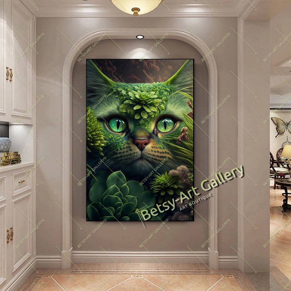 Jungle Green Cat Canvas Print, Tropical Cat Wall Art