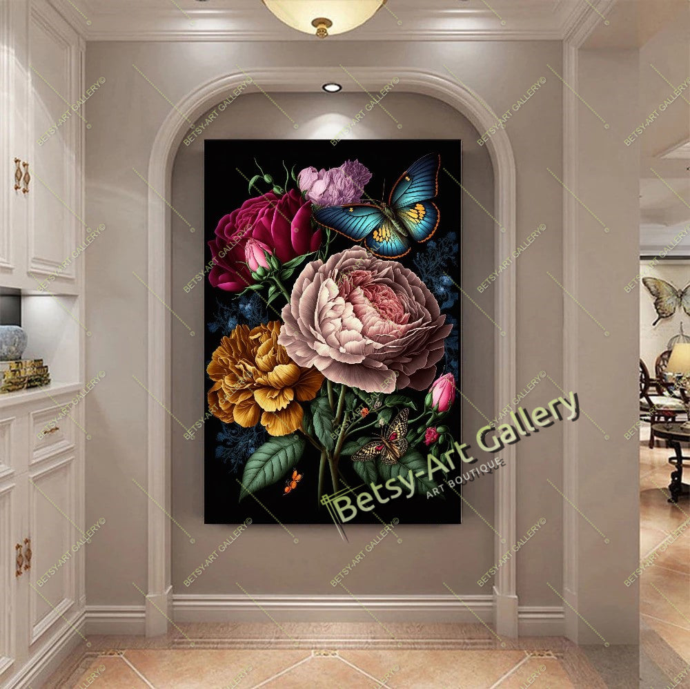 Cozy Floral Nature Canvas Print, Bee and Butterfly Wall Ar