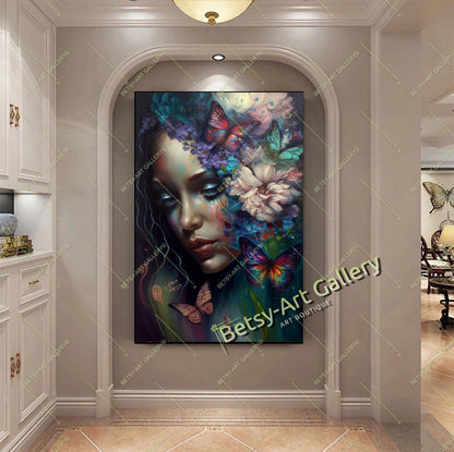 Jungle Woman Butterfly Canvas Print, Fantasy Exotic Decor