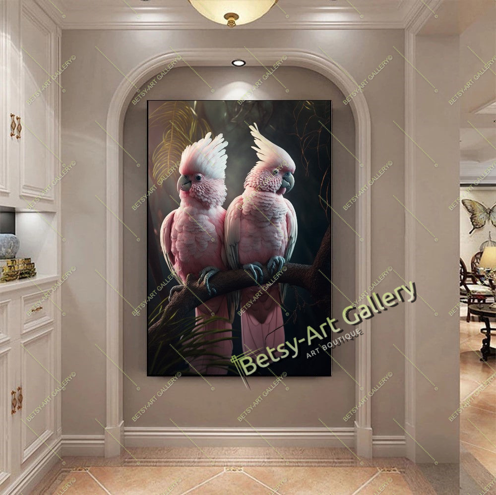 Jungle Exotic Birds Canvas Print, Tropical Parrots Wall Art – Large – Oil on Canvas – {{ product.title }} canvas artwork by Tanya Mirelle – modern wall decor – original artwork for home, living room, office, or gallery – original artwork by Tanya Mirelle Art Gallery