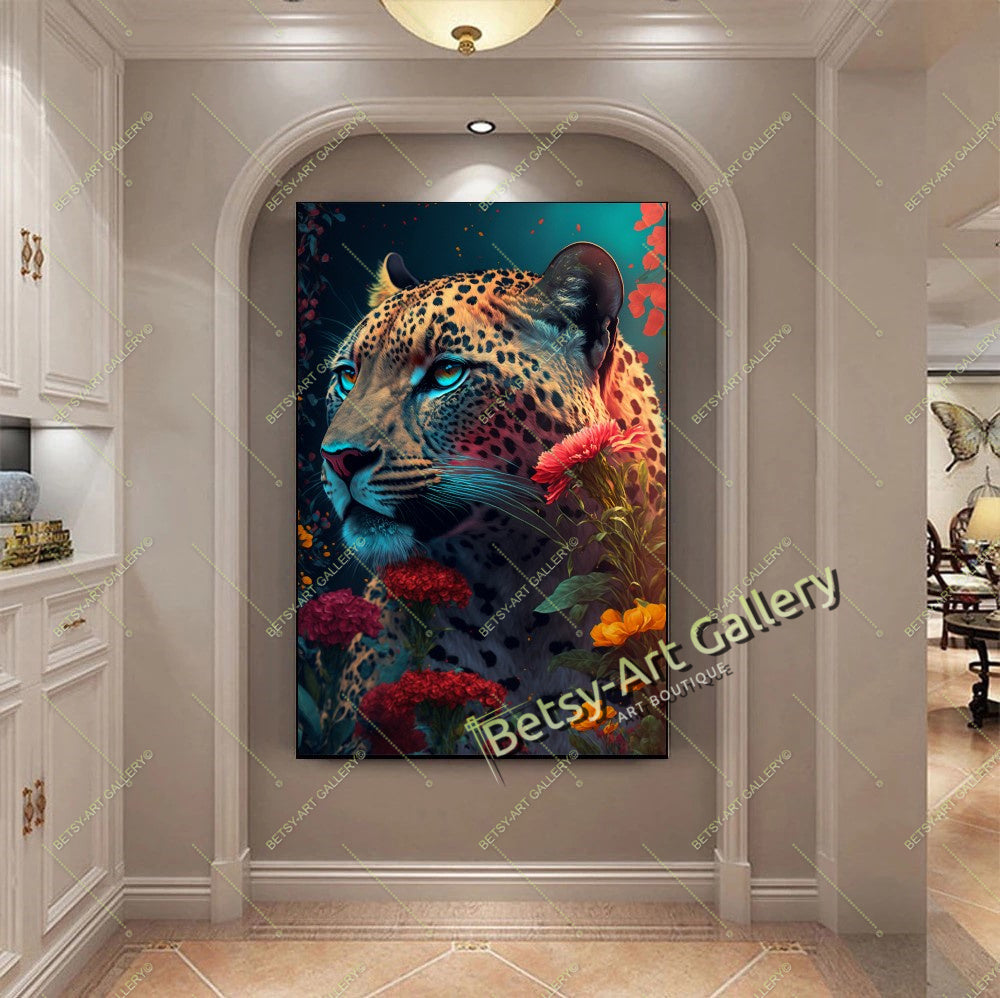 Jungle Green Cat Canvas Print, Tropical Cat Wall Art