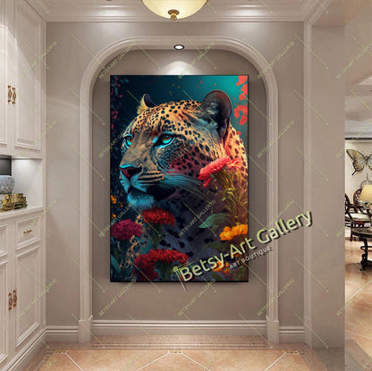 Jungle Green Cat Canvas Print, Tropical Cat Wall Art