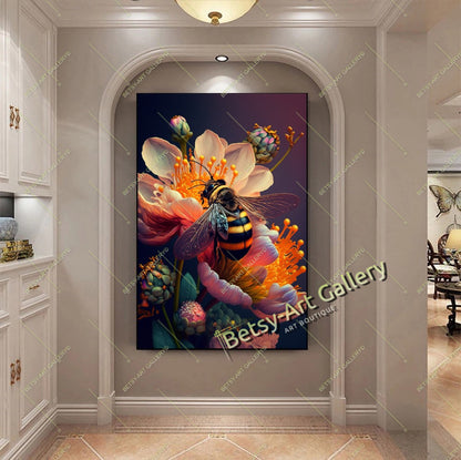 Cozy Floral Nature Canvas Print, Bee and Butterfly Wall Ar