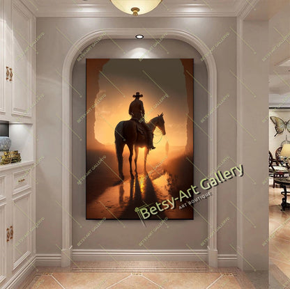 Western Cowboy Sunset Canvas Print, Cowboy and Horse Wall Art