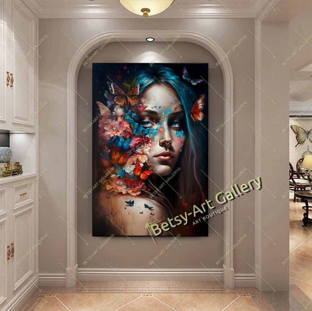 Jungle Woman Butterfly Canvas Print, Fantasy Exotic Decor
