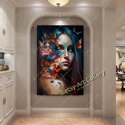 Jungle Woman Butterfly Canvas Print, Fantasy Exotic Decor