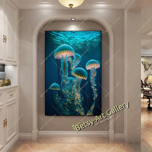 Blue Jellyfish Canvas Print - Underwater Sea Life Wall Art Decor