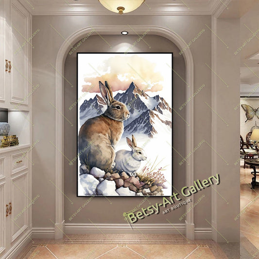 Rabbit Art Print on Canvas - Alpine Mountain Landscape Painting