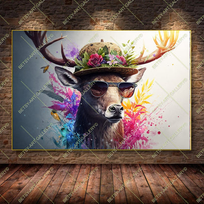 Colorful Floral Portrait Family Deers Canvas Print