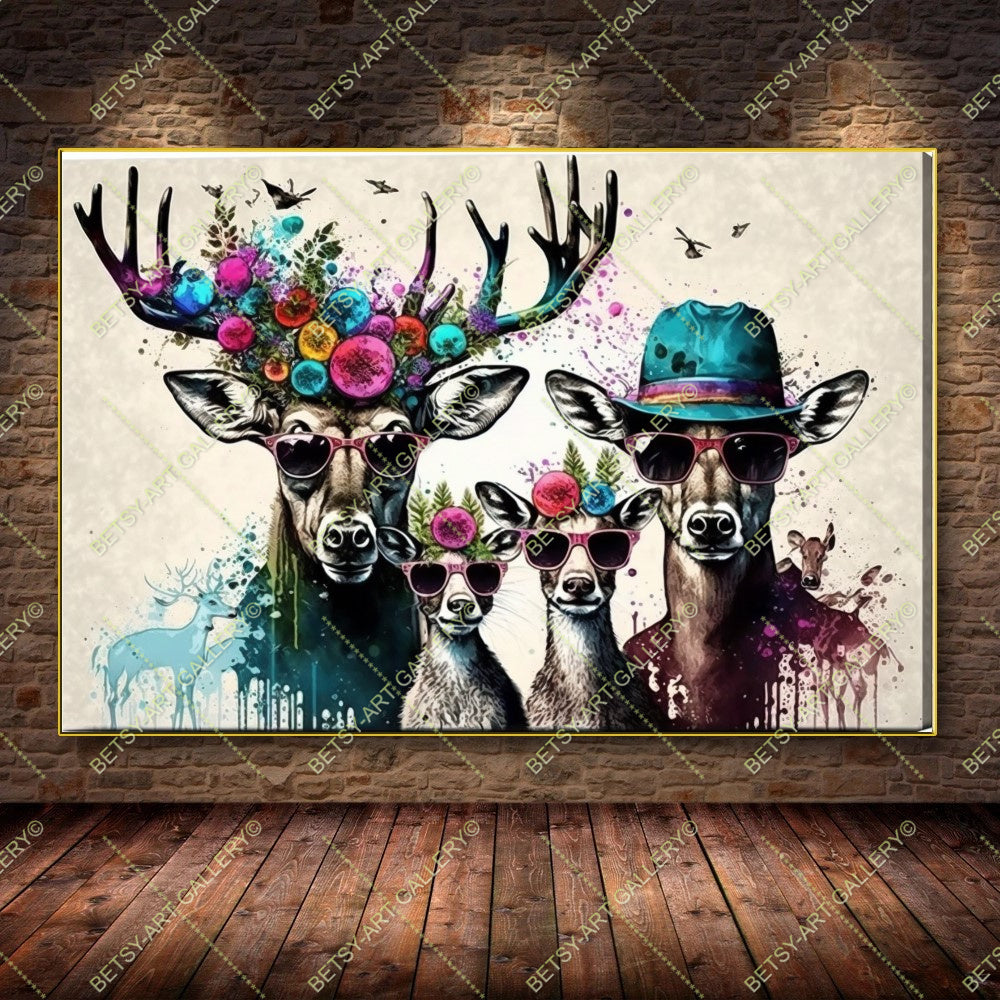 Colorful Floral Portrait Family Deers Canvas Print