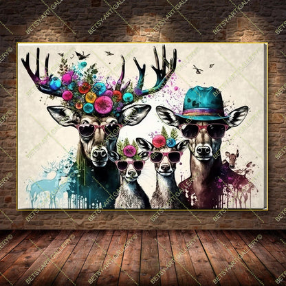 Colorful Floral Portrait Family Deers Canvas Print