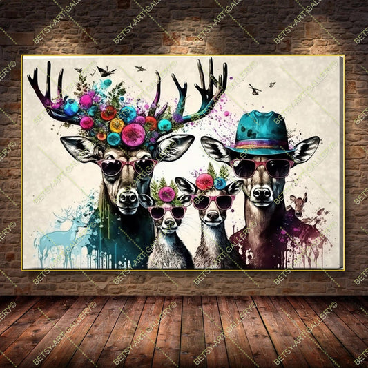 Colorful Floral Portrait Family Deers Canvas Print
