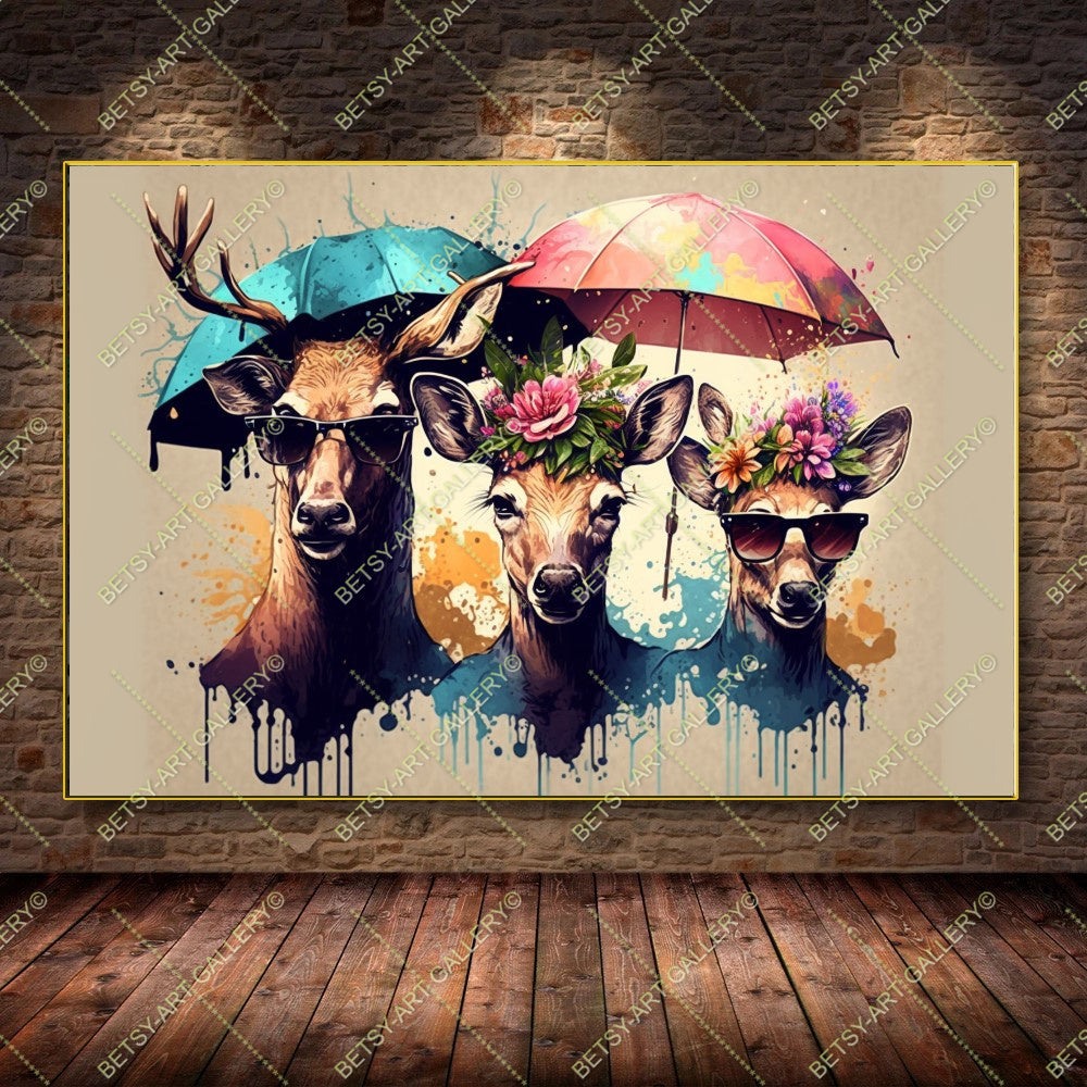 Colorful Floral Portrait Family Deers Canvas Print
