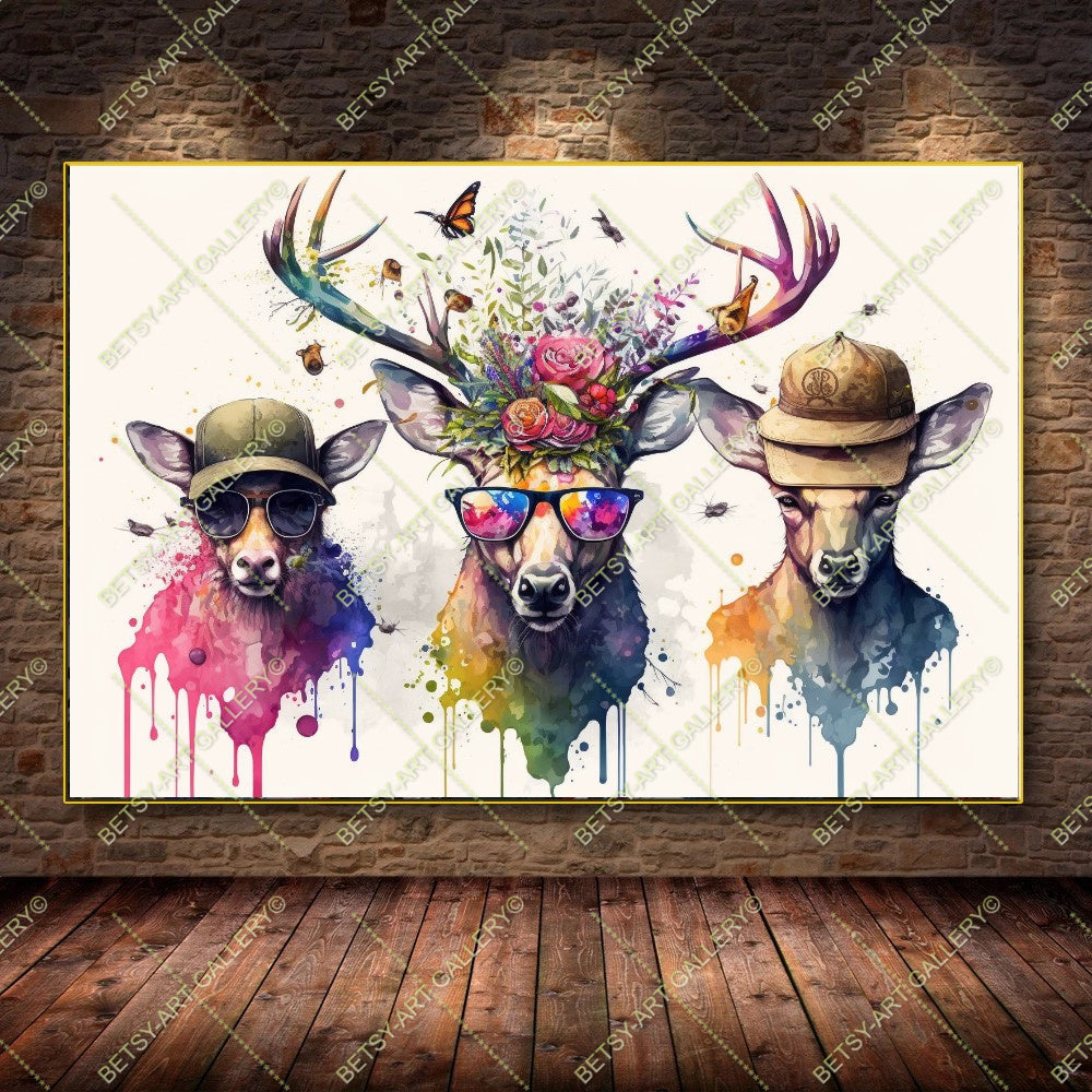 Colorful Floral Portrait Family Deers Canvas Print
