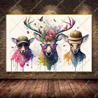 Colorful Floral Portrait Family Deers Canvas Print