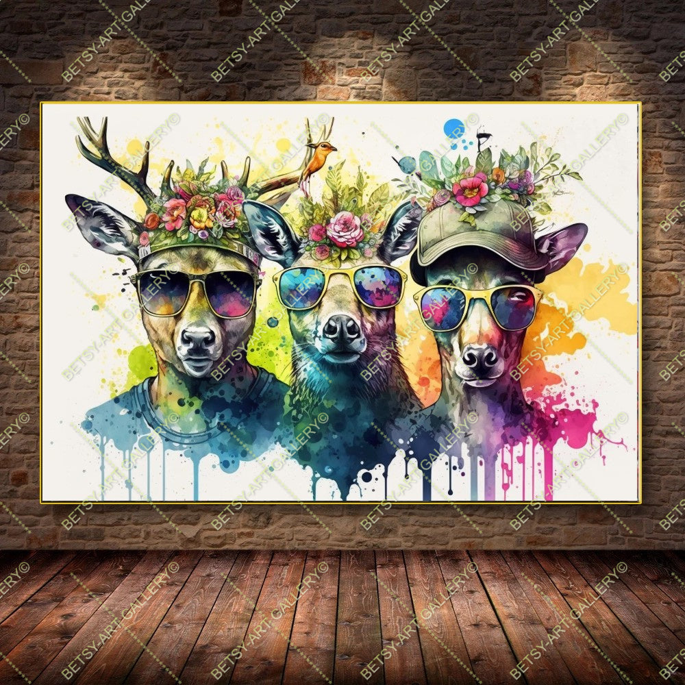 Colorful Floral Portrait Family Deers Canvas Print