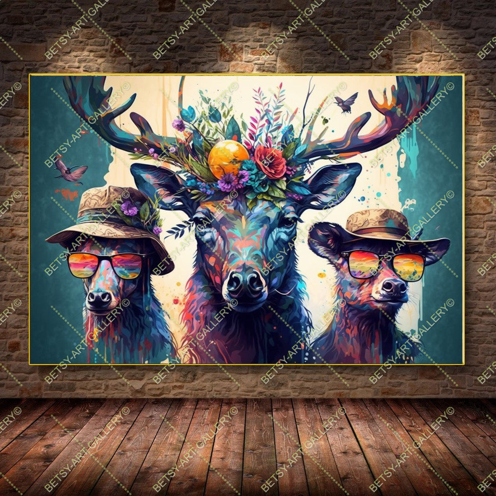 Colorful Floral Portrait Family Deers Canvas Print
