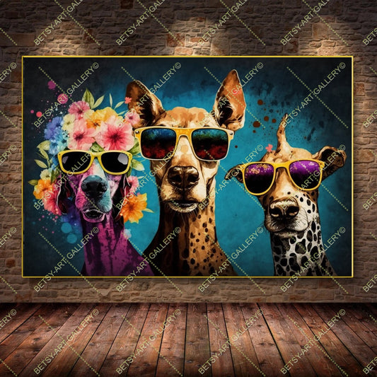 Modern Floral Portrait Family Dogs - Colorful Canvas Print Wall Decor