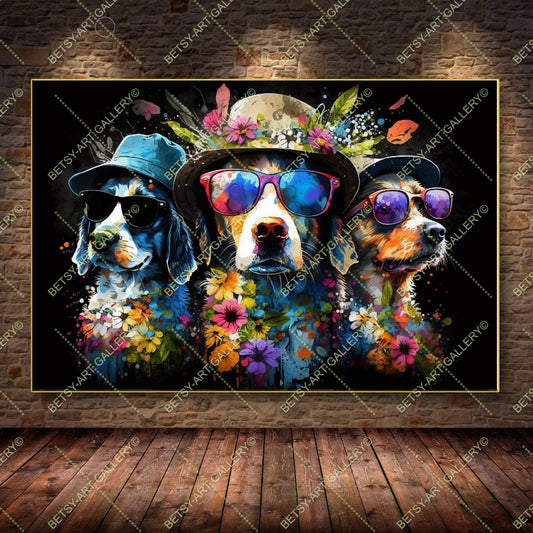 Floral Portrait Family Dogs - Colorful Canvas Print, Boho Wall Decor