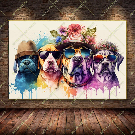 Modern Floral Portrait Family Dogs - Colorful Canvas Print Wall Decor