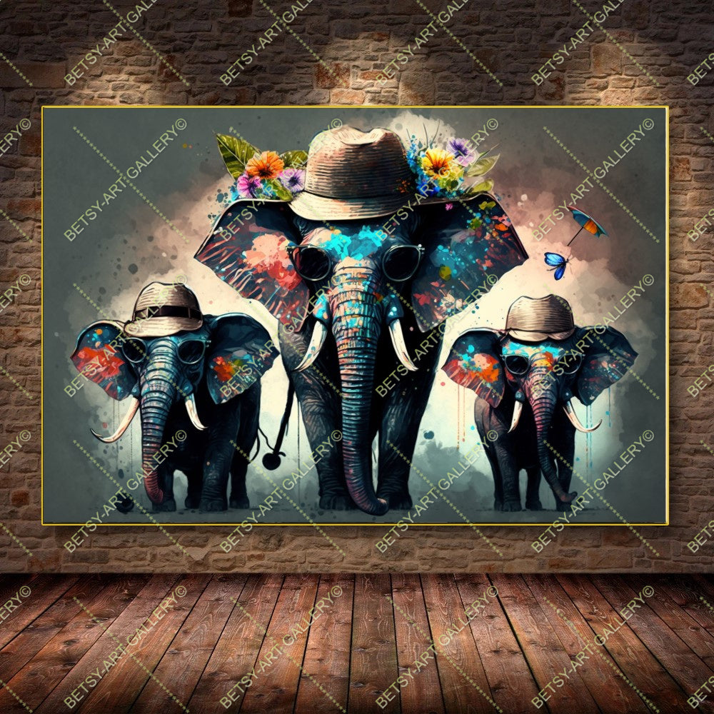 Floral Family Elephants Giraffes Canvas - Color Splash Animal Print
