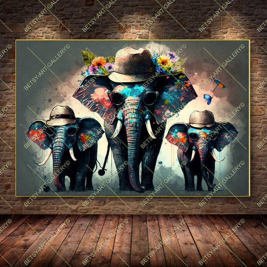 Floral Family Elephants Giraffes Canvas - Color Splash Animal Print