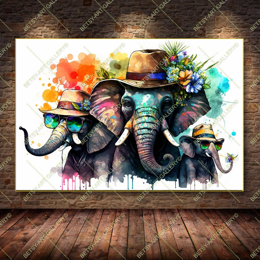 Floral Family Elephants Giraffes Canvas - Color Splash Animal Print