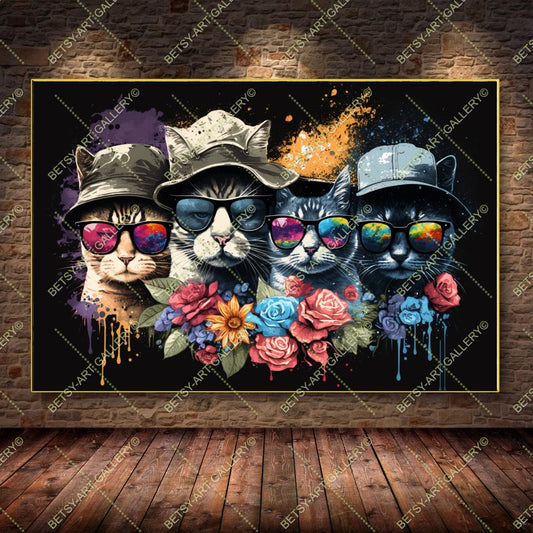 Floral Portrait Family Cats Canvas Print - Modern Colorful Wall Decor