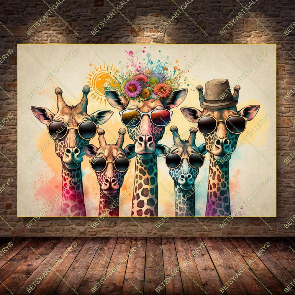 Floral Family Giraffes Canvas - Color Splash Animal Print