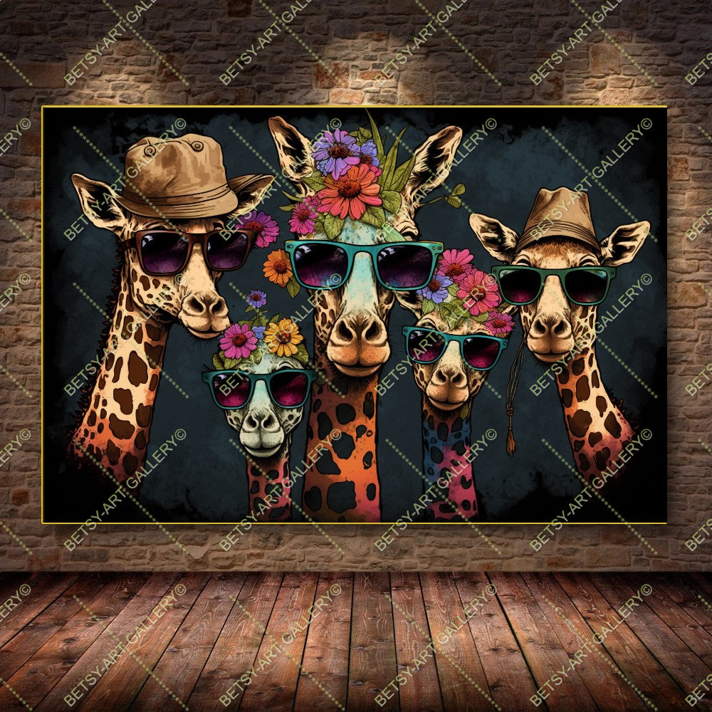 Floral Family Giraffes Canvas - Color Splash Animal Print
