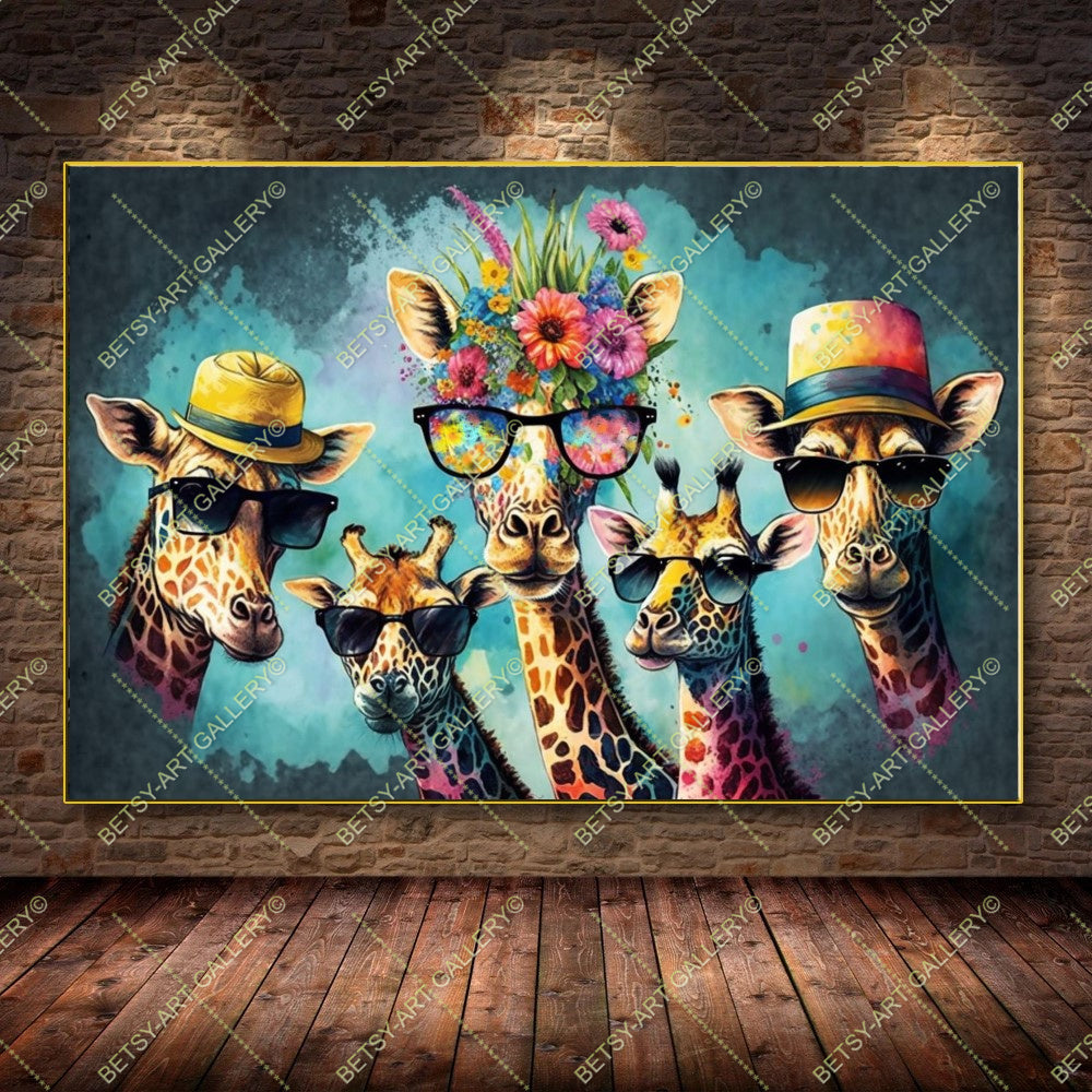 Floral Family Giraffes Canvas - Color Splash Animal Print