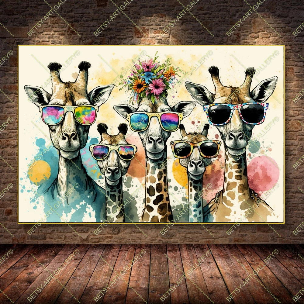 Floral Family Giraffes Canvas - Color Splash Animal Print