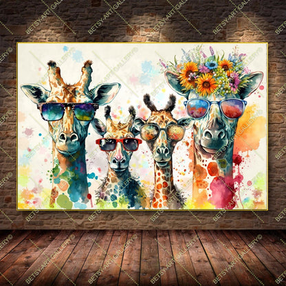 Floral Family Giraffes Canvas - Color Splash Animal Print