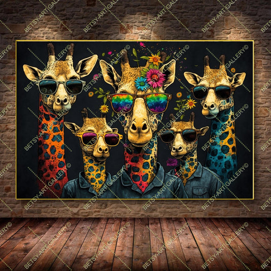 Floral Family Giraffes Canvas - Graffiti Style Animal Wall Print