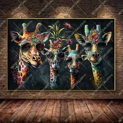 Floral Family Giraffes Canvas - Graffiti Style Animal Wall Print