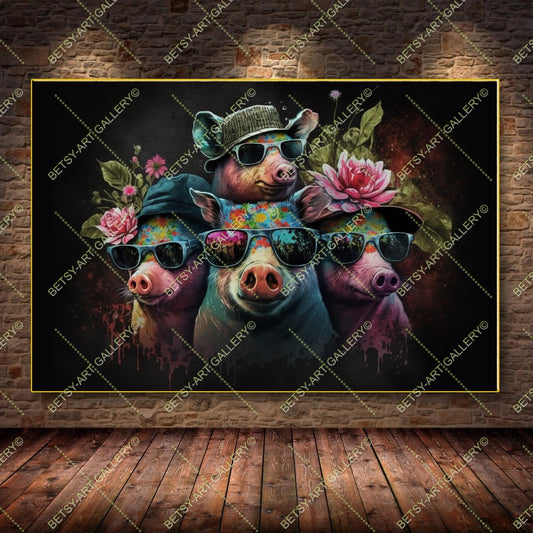Colorful Funny Family Pigs Canvas - Bright Animal Wall Art Print