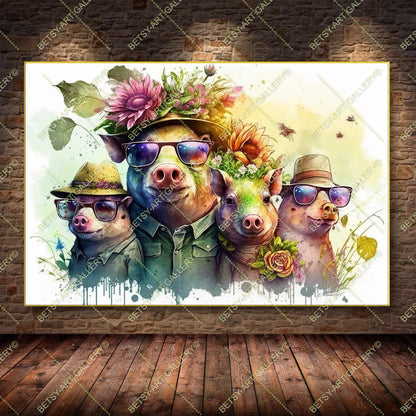 Colorful Funny Family Pigs Canvas - Bright Animal Wall Art Print