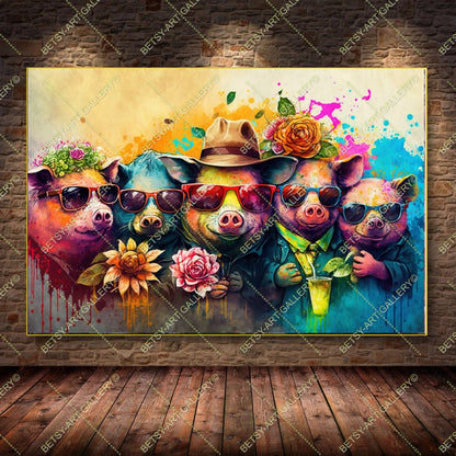 Colorful Funny Family Pigs Canvas - Bright Animal Wall Art Print