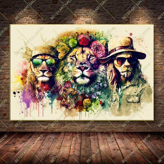 Funny Lion Graffiti Print – Modern Colorful Animal Canvas