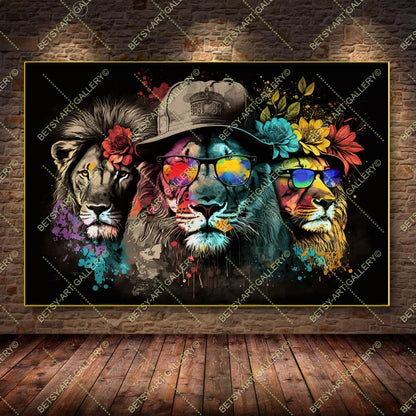 Floral Lion Graffiti Print – Modern Colorful Animal Canvas