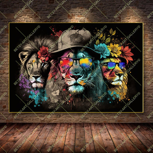 Funny Lion Graffiti Print – Modern Colorful Animal Canvas